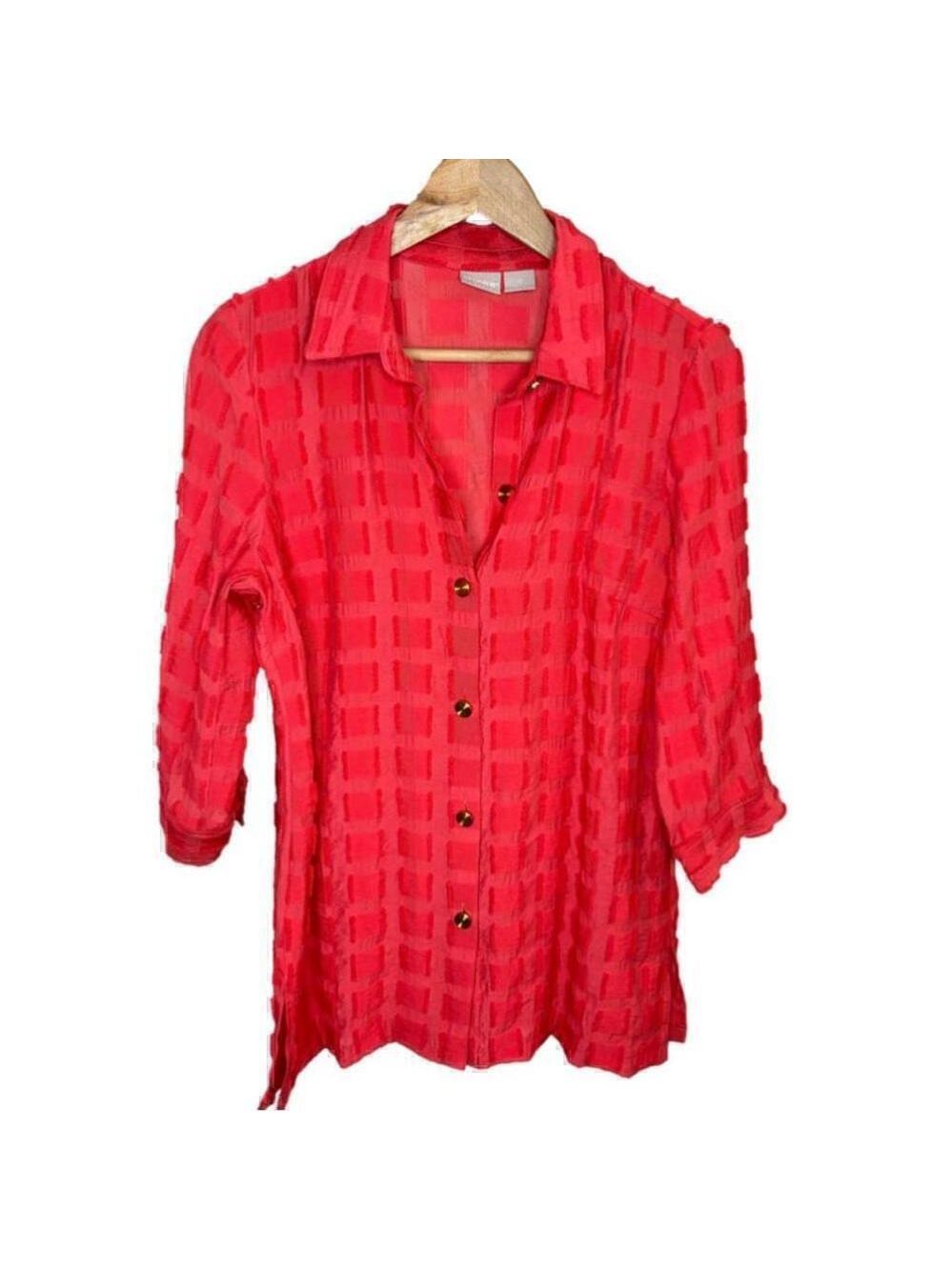 Chico's Women’s Red Coral Textured Button Down Shirt - Size Small